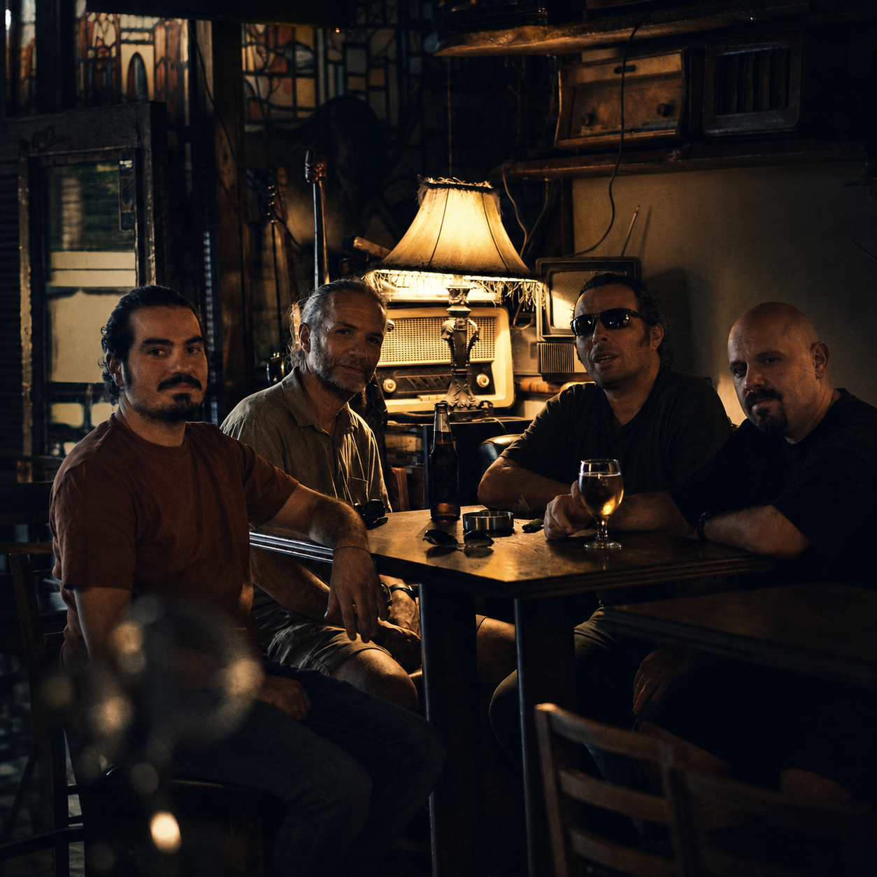 Katër anëtarët e Guha-s ulur së bashku rreth një tavoline